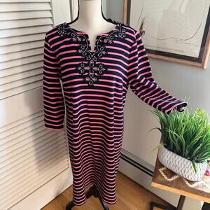 TALBOTS Womens Dress XLP Pink Blue Striped Midi Shift 3/4 Sleeve Preppy Nautical